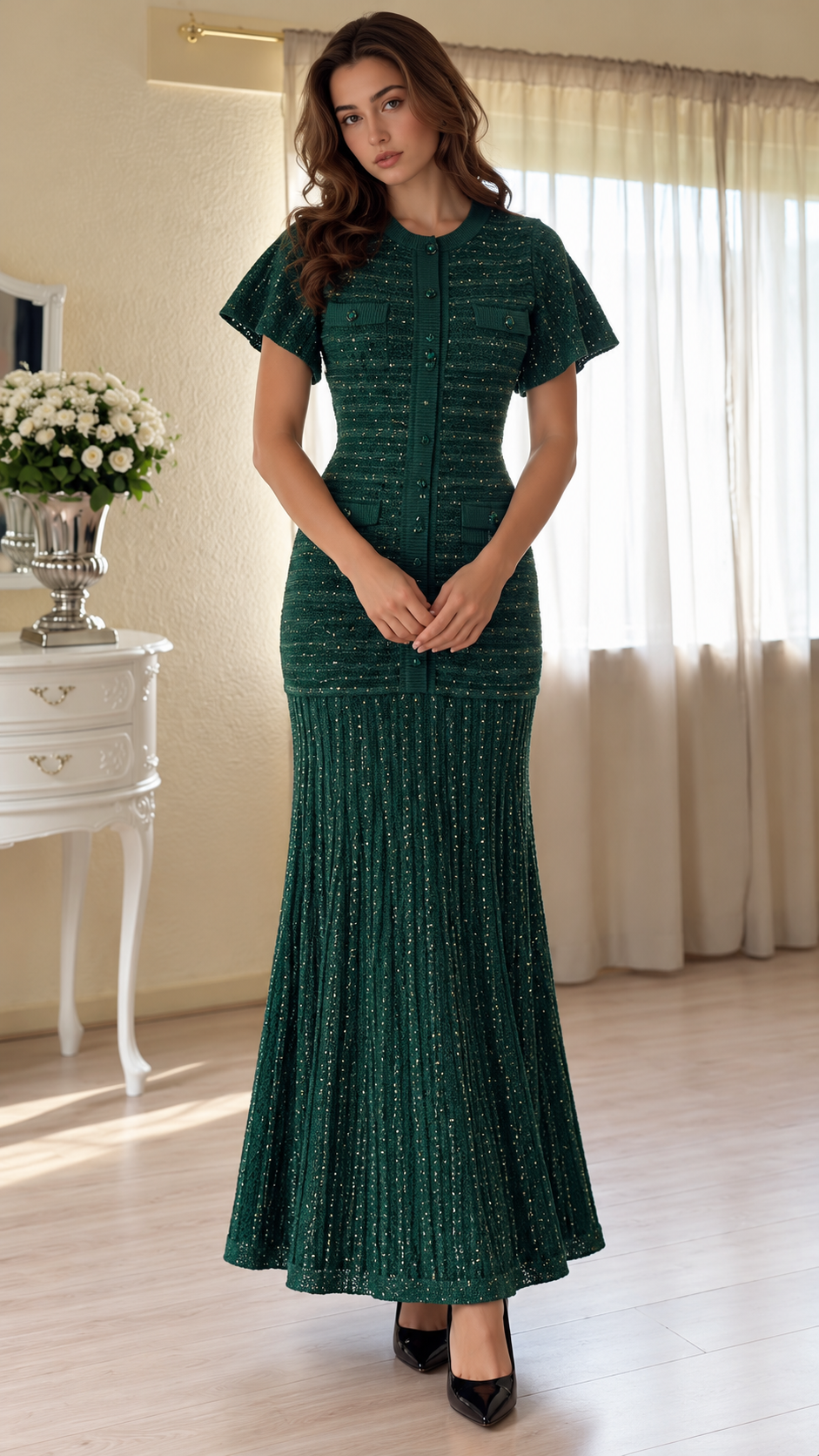 Vivienne Shimmer Knit Flutter Sleeve Maxi Dress