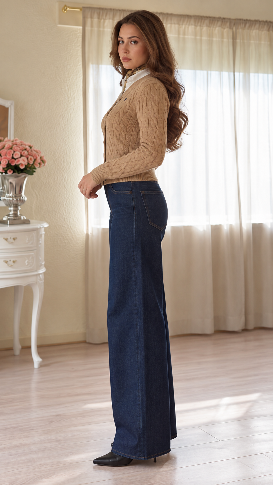Aveline Cable Knit Cardigan & Wide-Leg Jeans Set