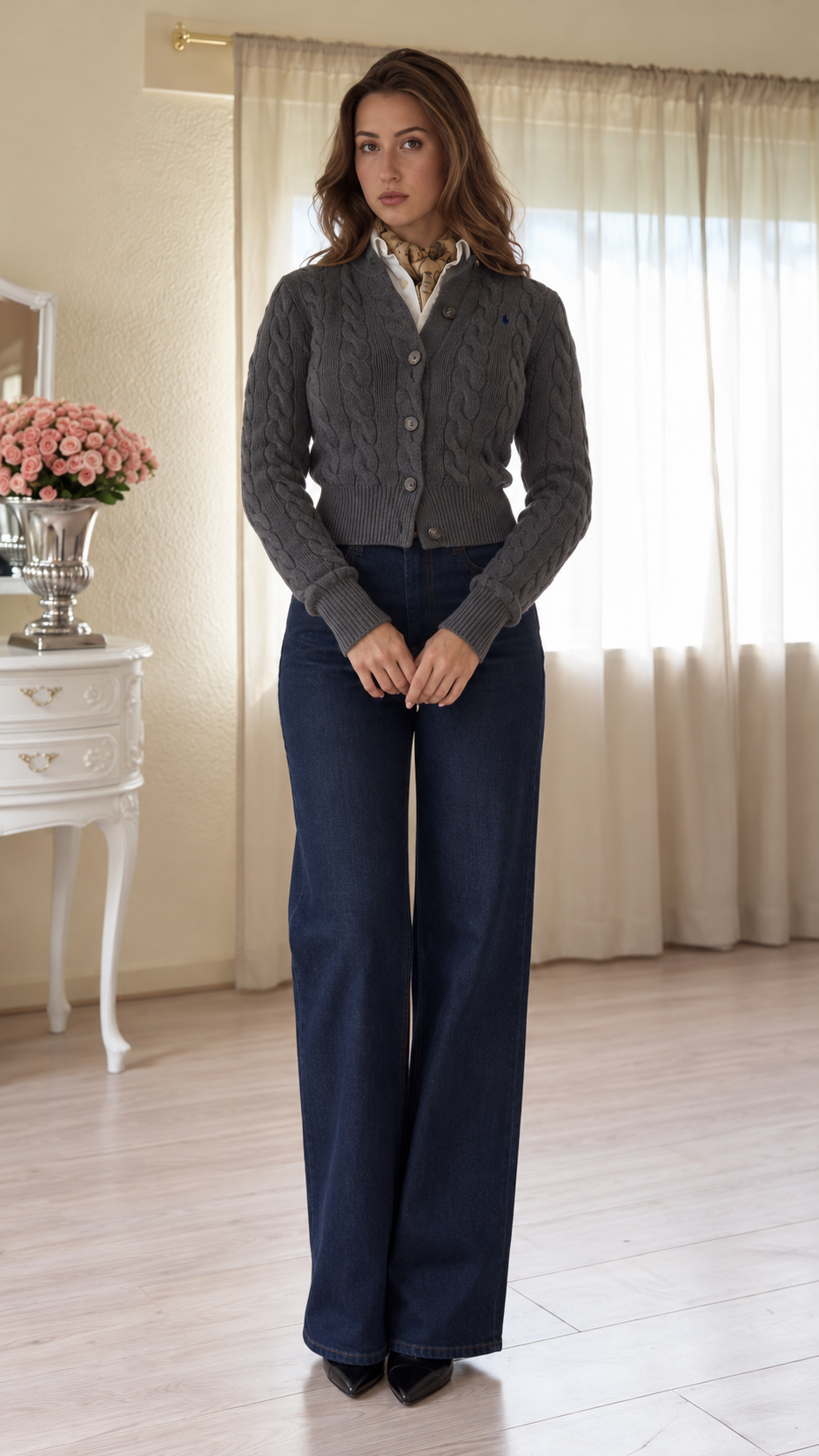 Aveline Cable Knit Cardigan & Wide-Leg Jeans Set