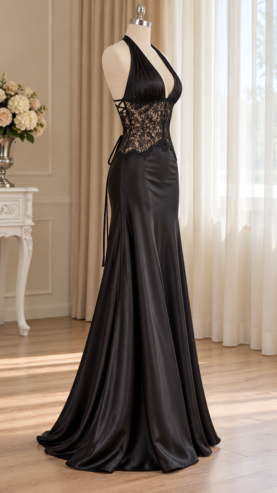 Serenelle Lace Halter Satin Maxi Dress