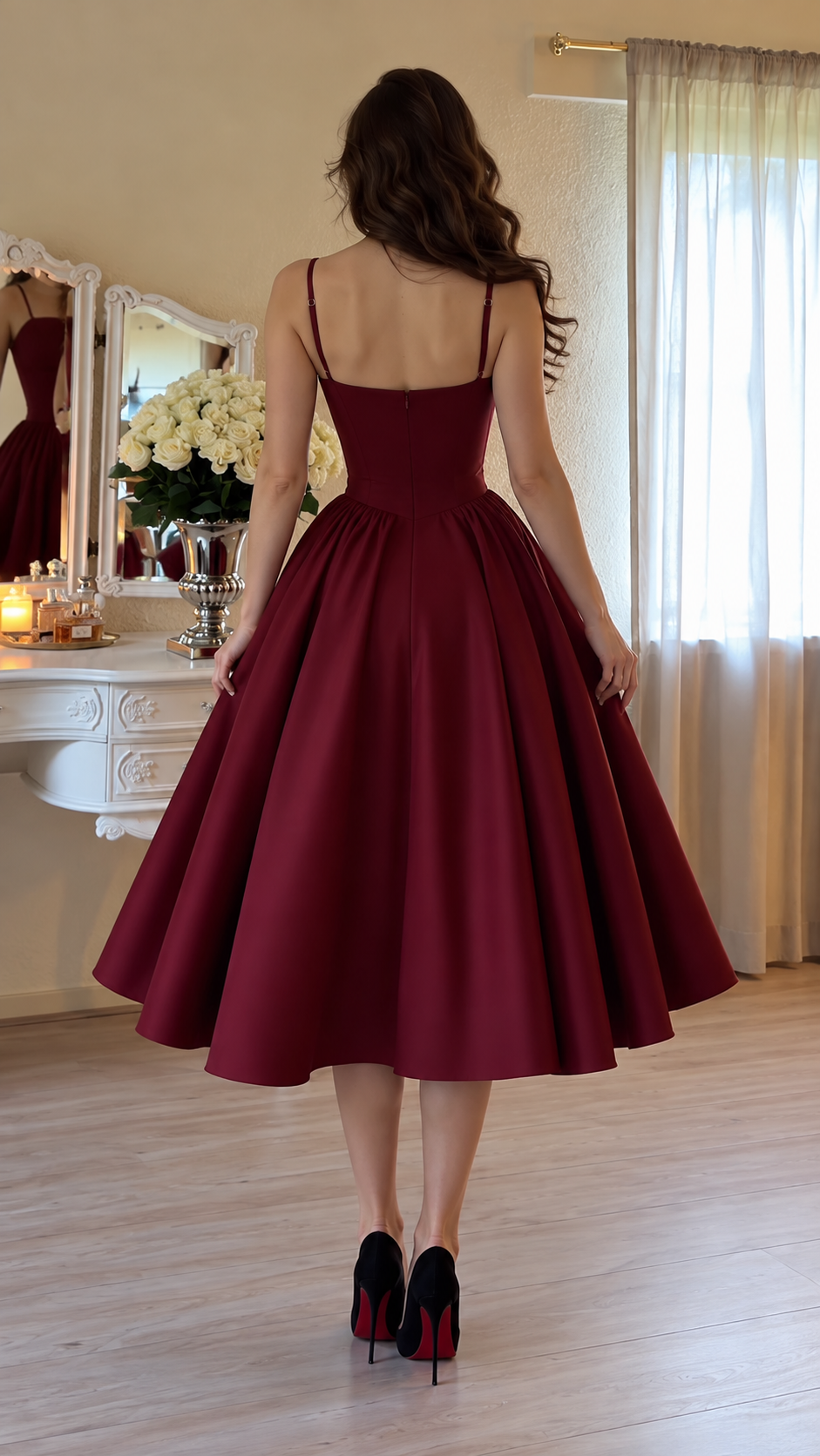 Vivienne Spaghetti Strap Full-Skirt Midi Dress