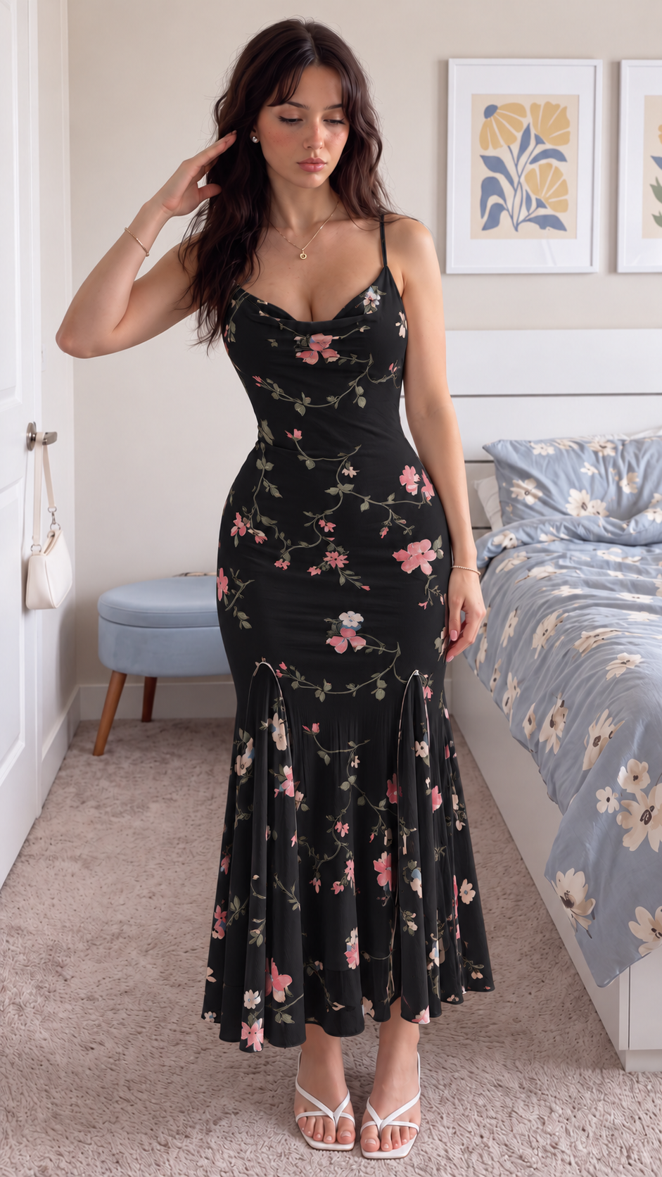 Solenne Floral Cowl-Neck Mermaid Maxi Dress
