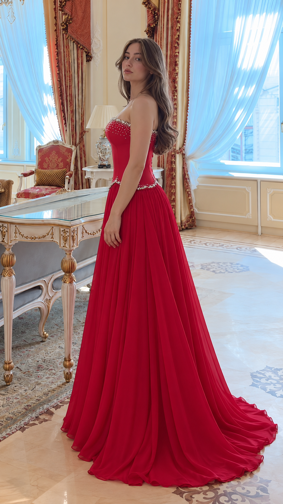 Aurevienne Rhinestone Strapless Corset Maxi Dress