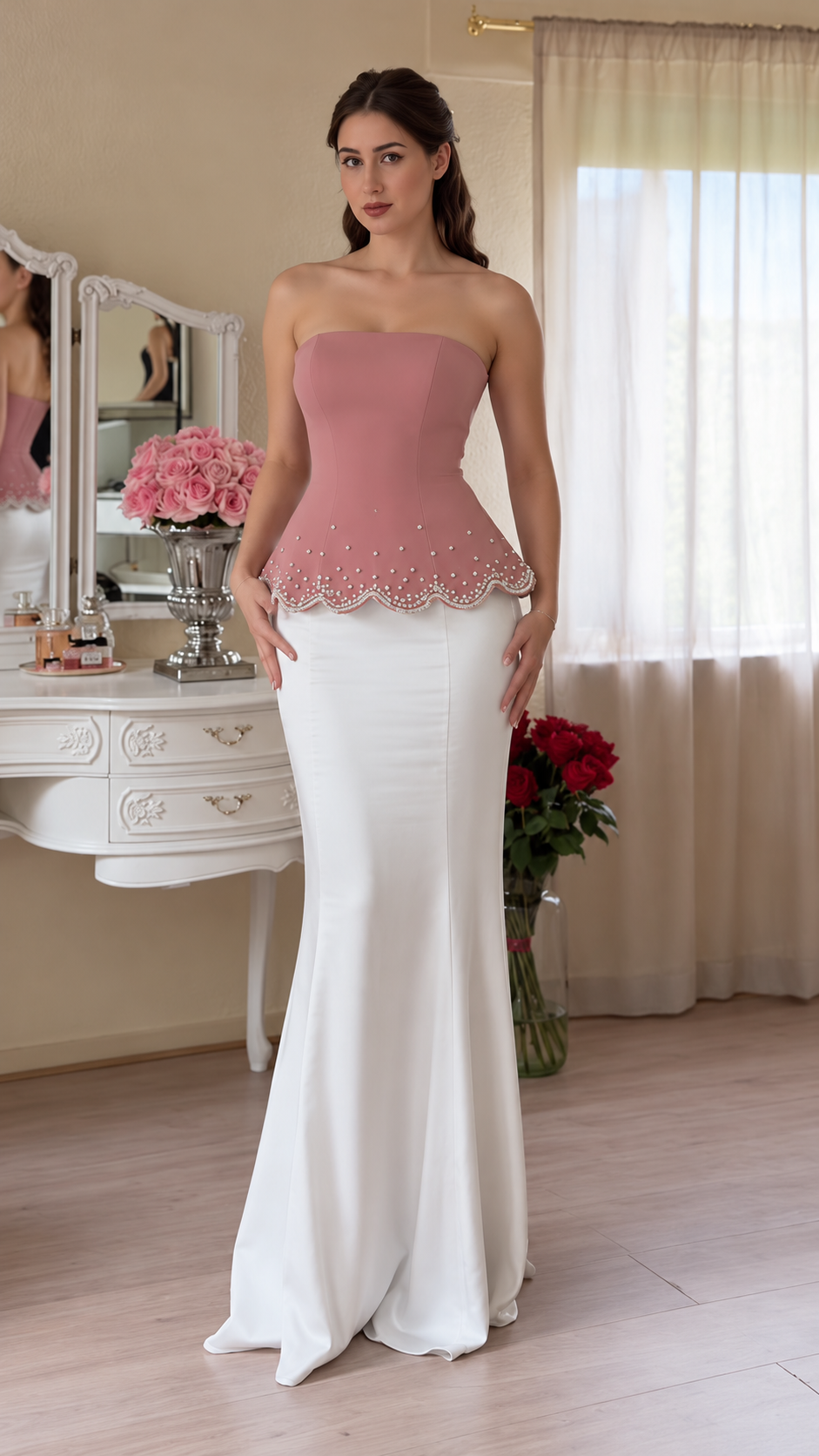 Evelisse Rhinestone Peplum Strapless Maxi Dress