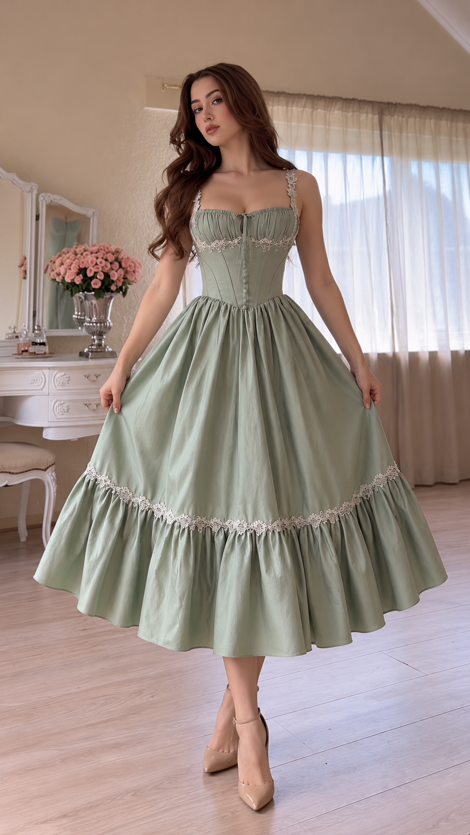 Evelisse Lace-Trim Corset Ruffle Midi Dress