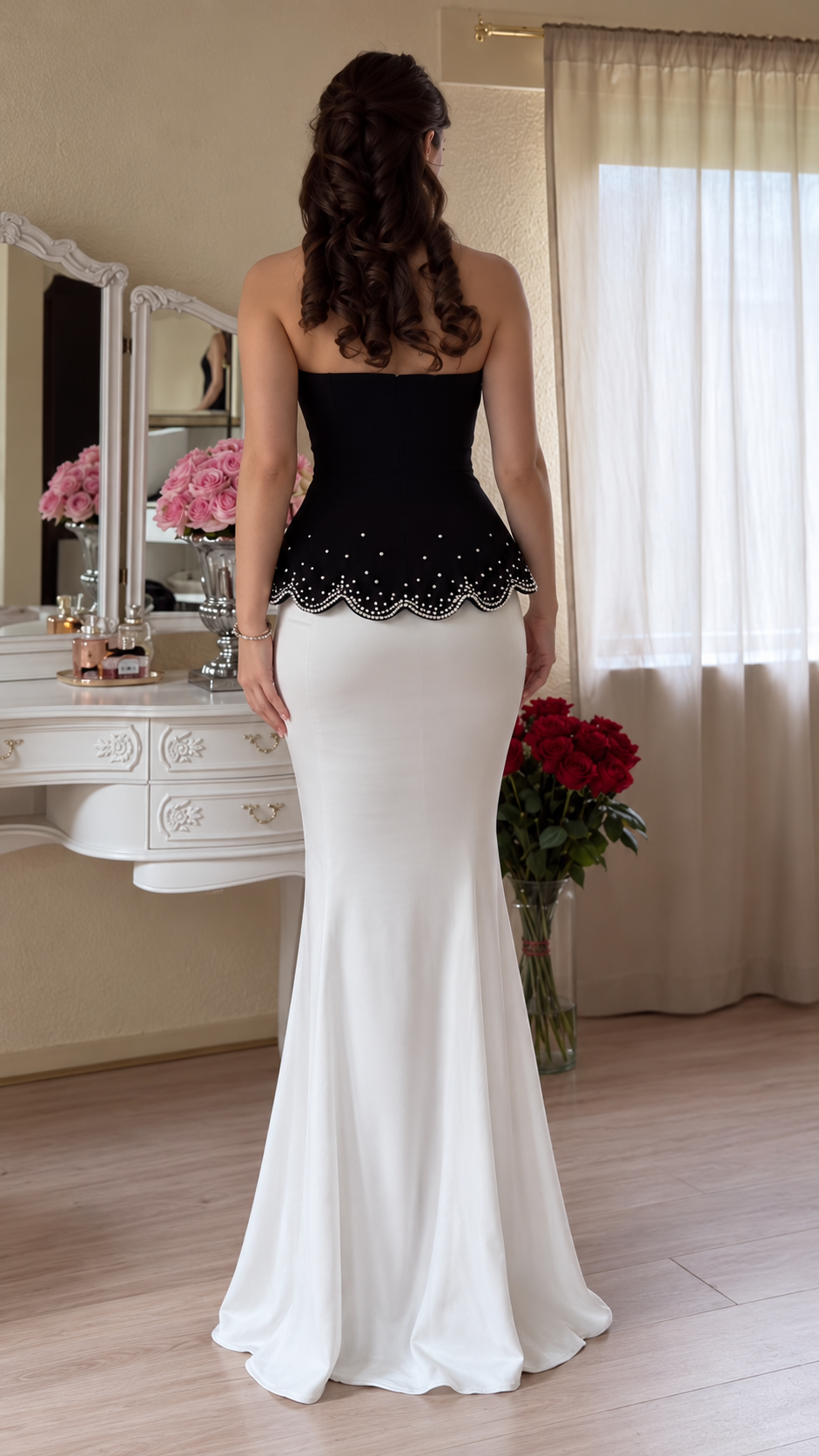 Evelisse Rhinestone Peplum Strapless Maxi Dress