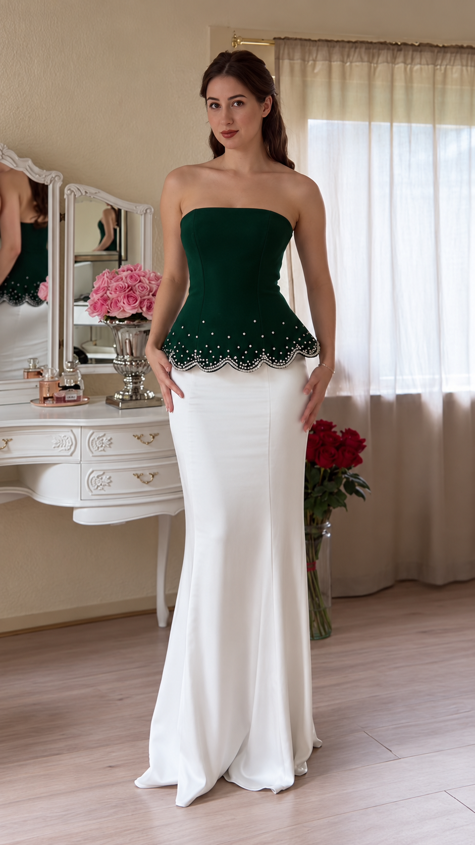 Evelisse Rhinestone Peplum Strapless Maxi Dress