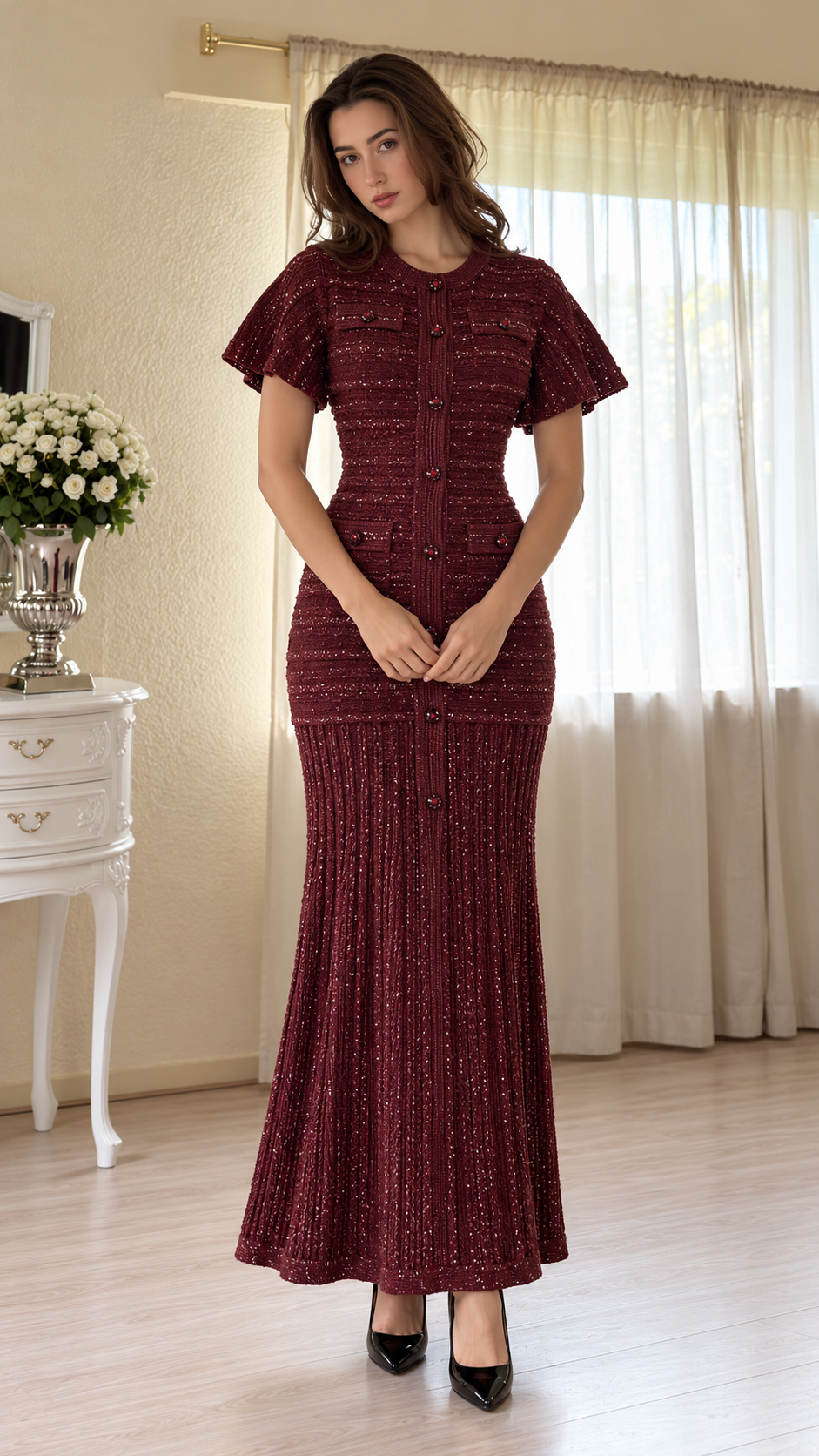 Vivienne Shimmer Knit Flutter Sleeve Maxi Dress