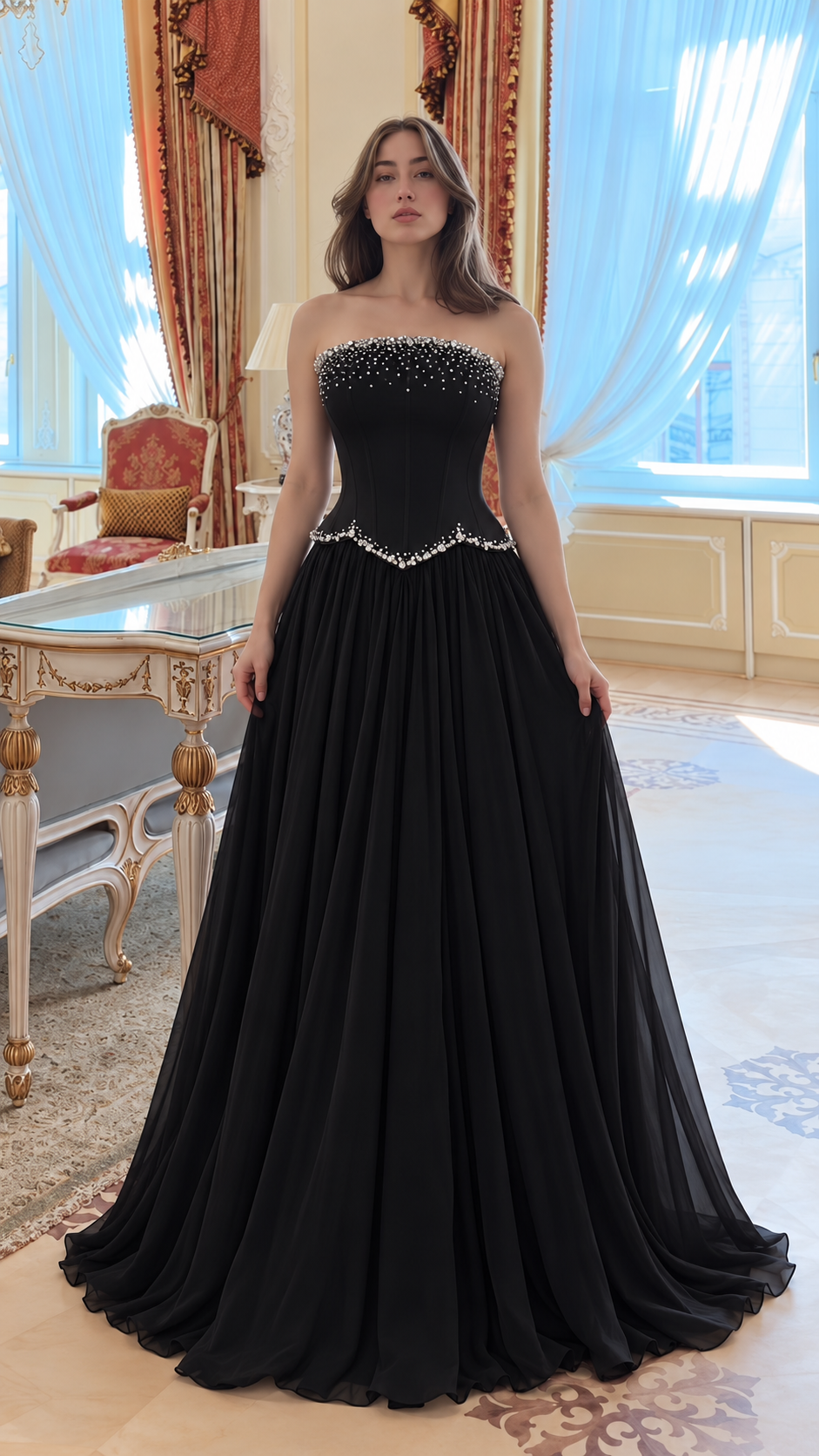 Aurevienne Rhinestone Strapless Corset Maxi Dress