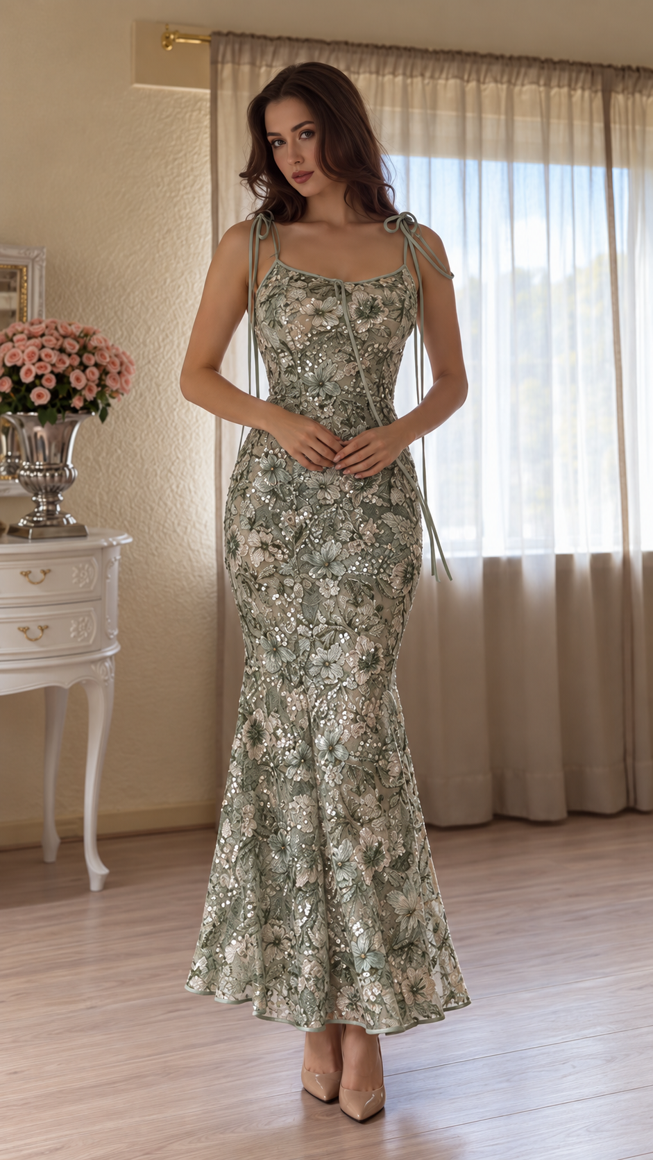 Florelle Floral Sequin Tie-Shoulder Maxi Dress