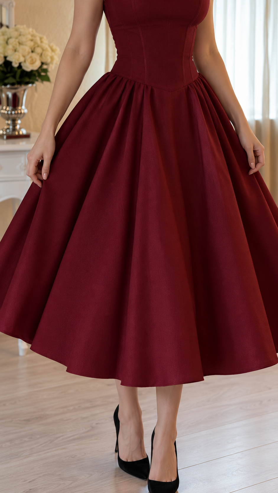 Vivienne Spaghetti Strap Full-Skirt Midi Dress