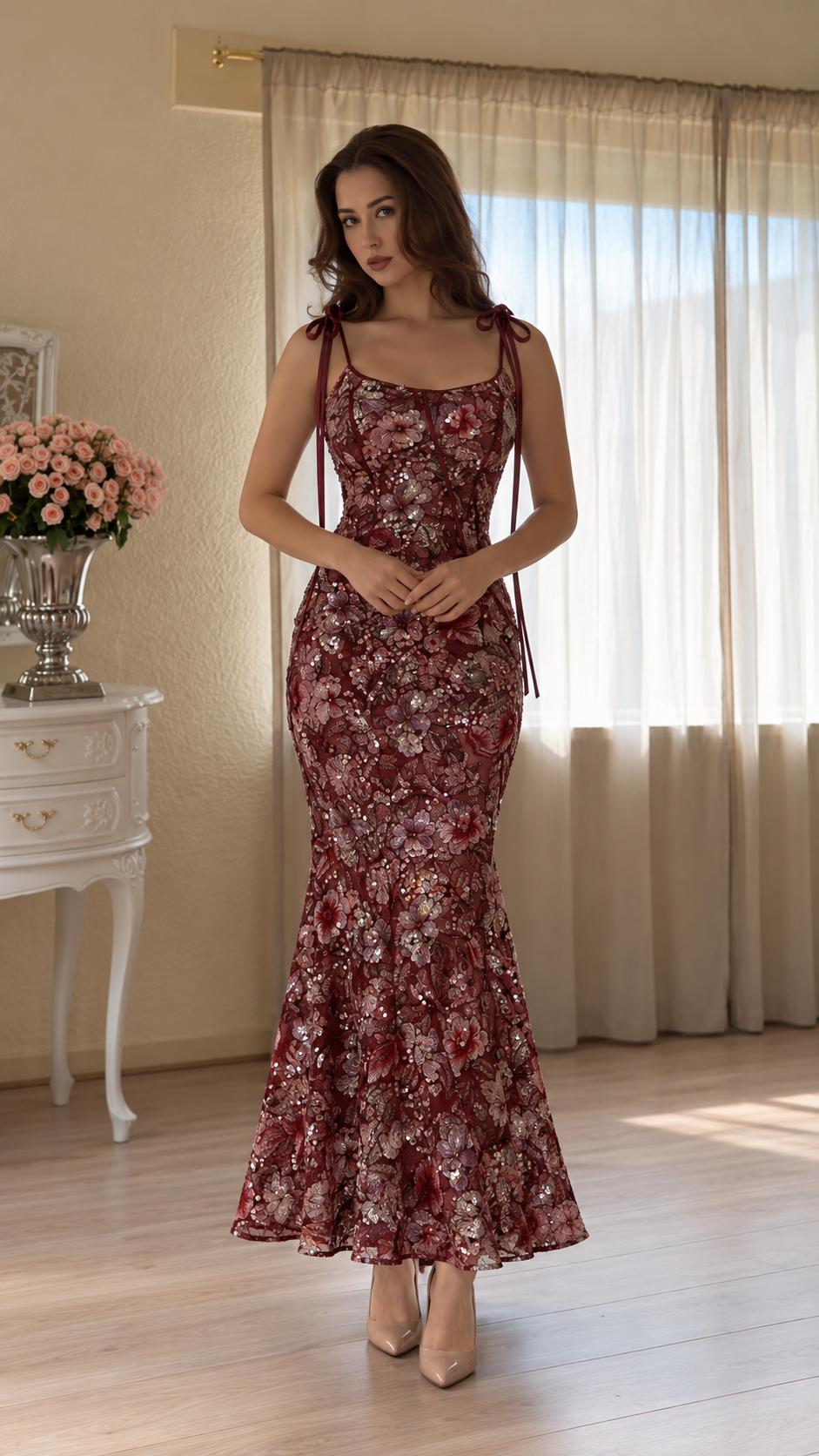 Florelle Floral Sequin Tie-Shoulder Maxi Dress