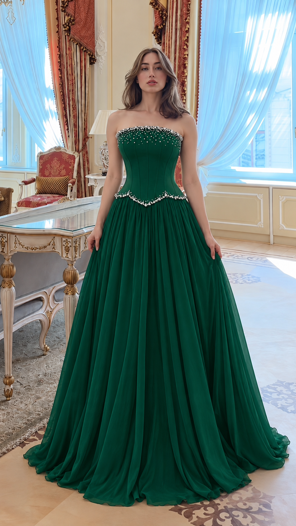 Aurevienne Rhinestone Strapless Corset Maxi Dress